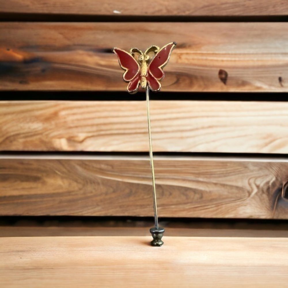 Vintage Enamel Butterfly Tie Pin - Red - Gold Tone